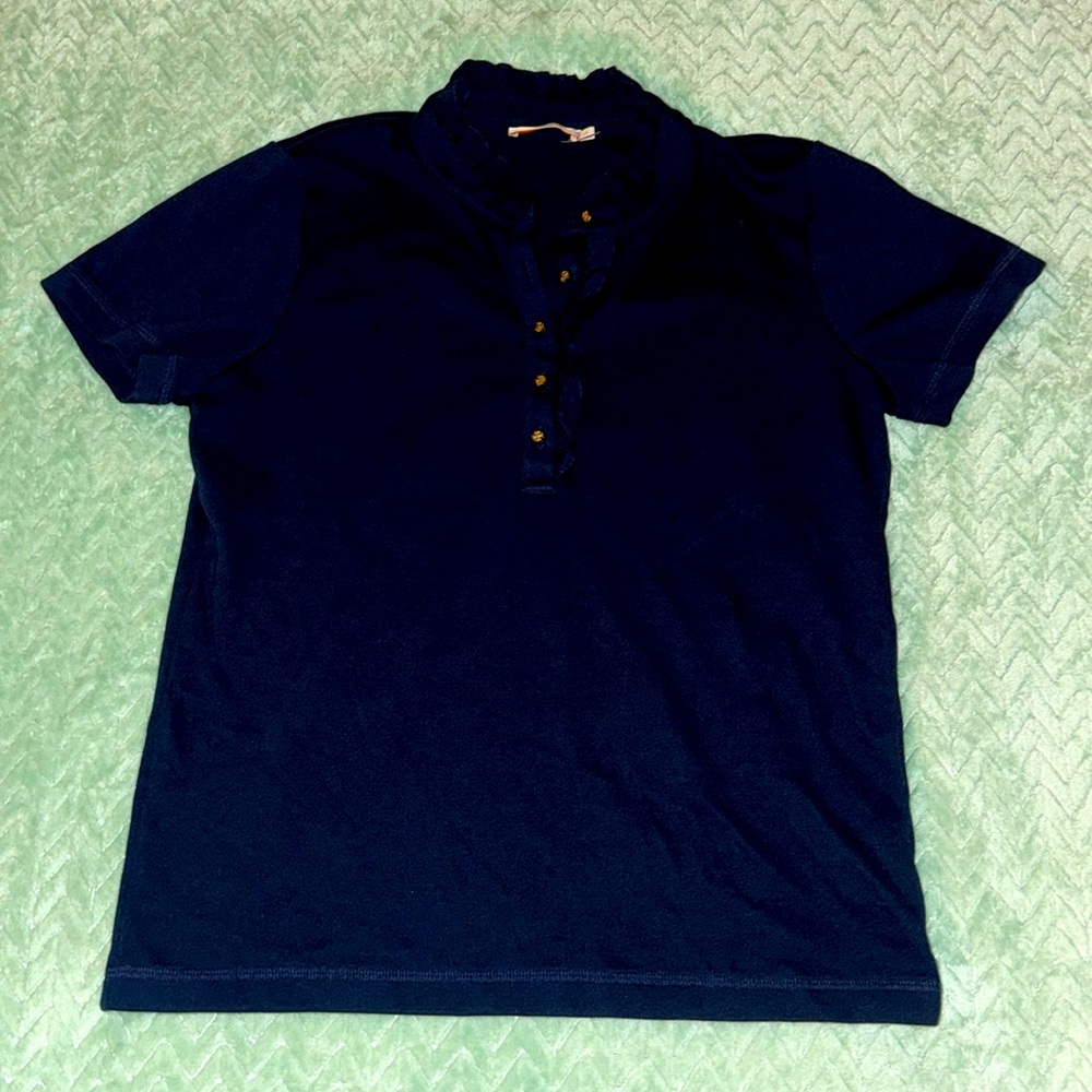 Navy Blue Tory Burch Short Sleeve Button Up Collar